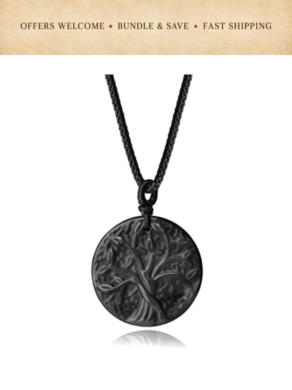 Tree of Life Necklace Black Obsidian Pendant Adjustable Nylon Cord